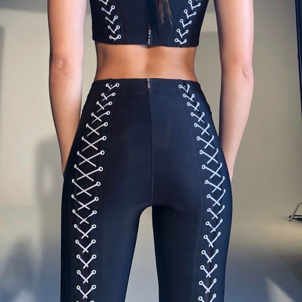 ADAM SELMAN Designer Brand New Black Mesh Lace-Up High Rise Leggings XXS